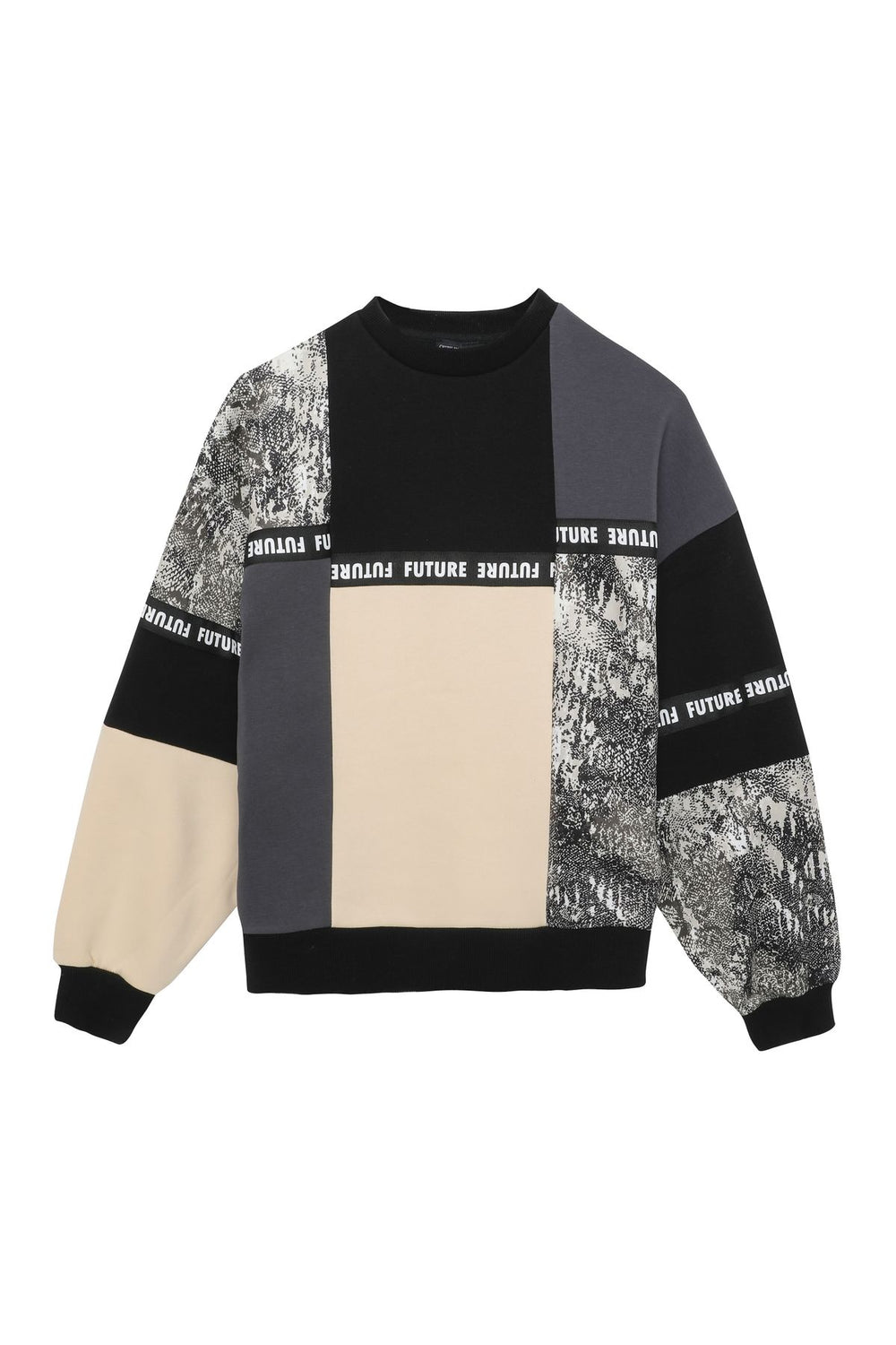 Renk Bloklu Baskılı Sweatshirt Bej