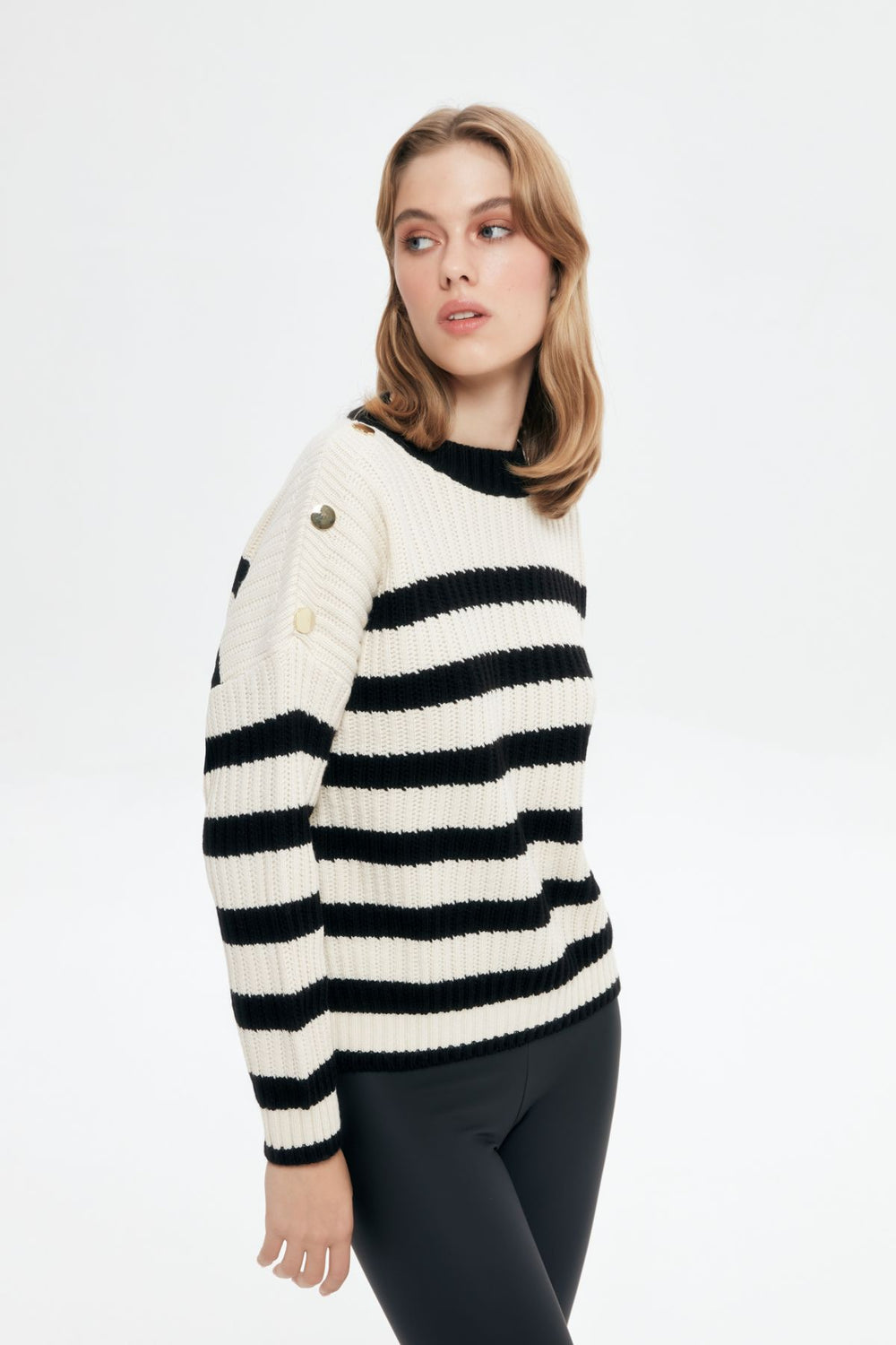Buttoned Shoulder Striped Sweater Black