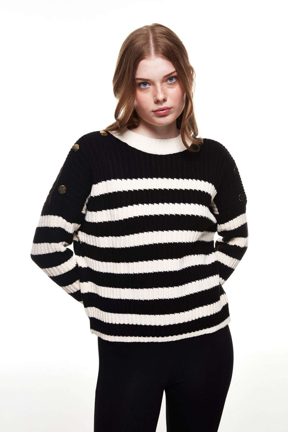 Buttoned Shoulder Striped Sweater Cream