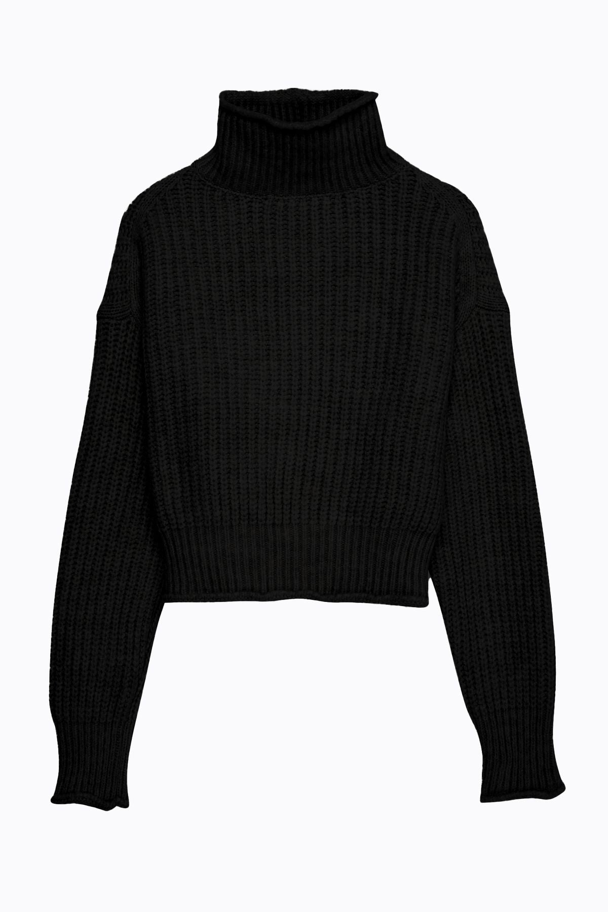 Knitted Detailed Thick Turtleneck Sweater Black – QUZU