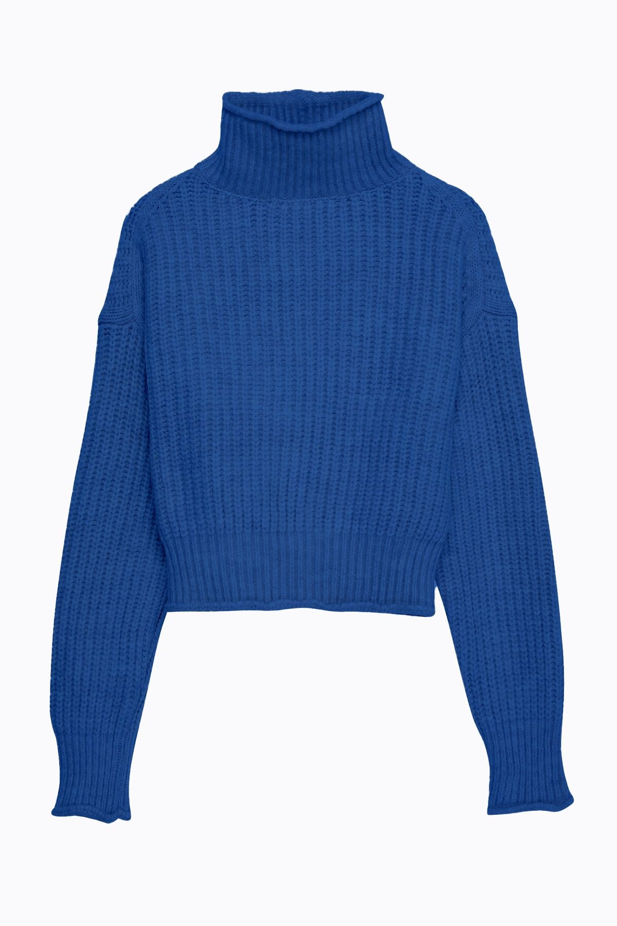 Knitted Detailed Thick Turtleneck Sweater Blue