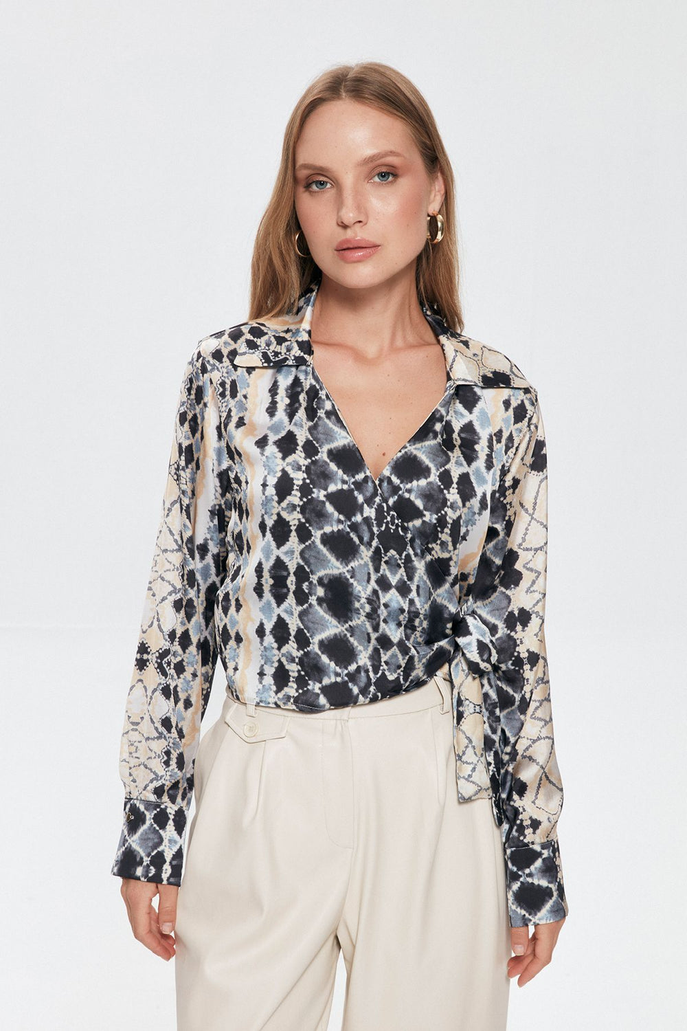 Patterned Double Breasted Satin Blouse Beige