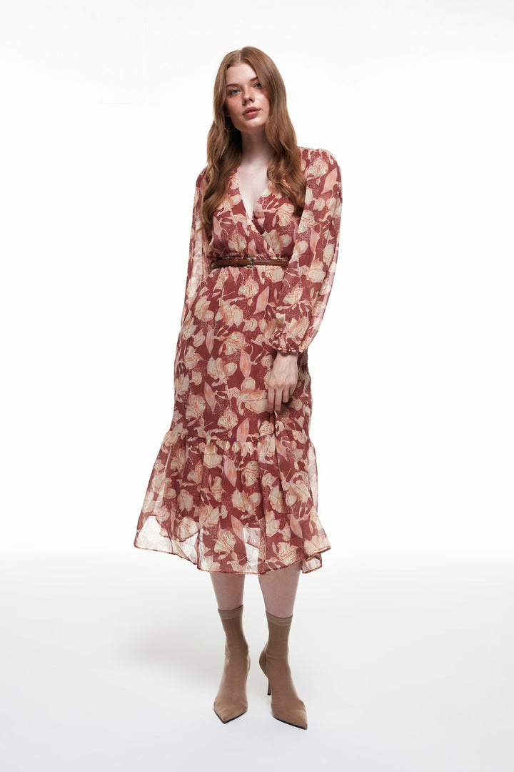 Patterned Long Dress with Belt Detail Tile