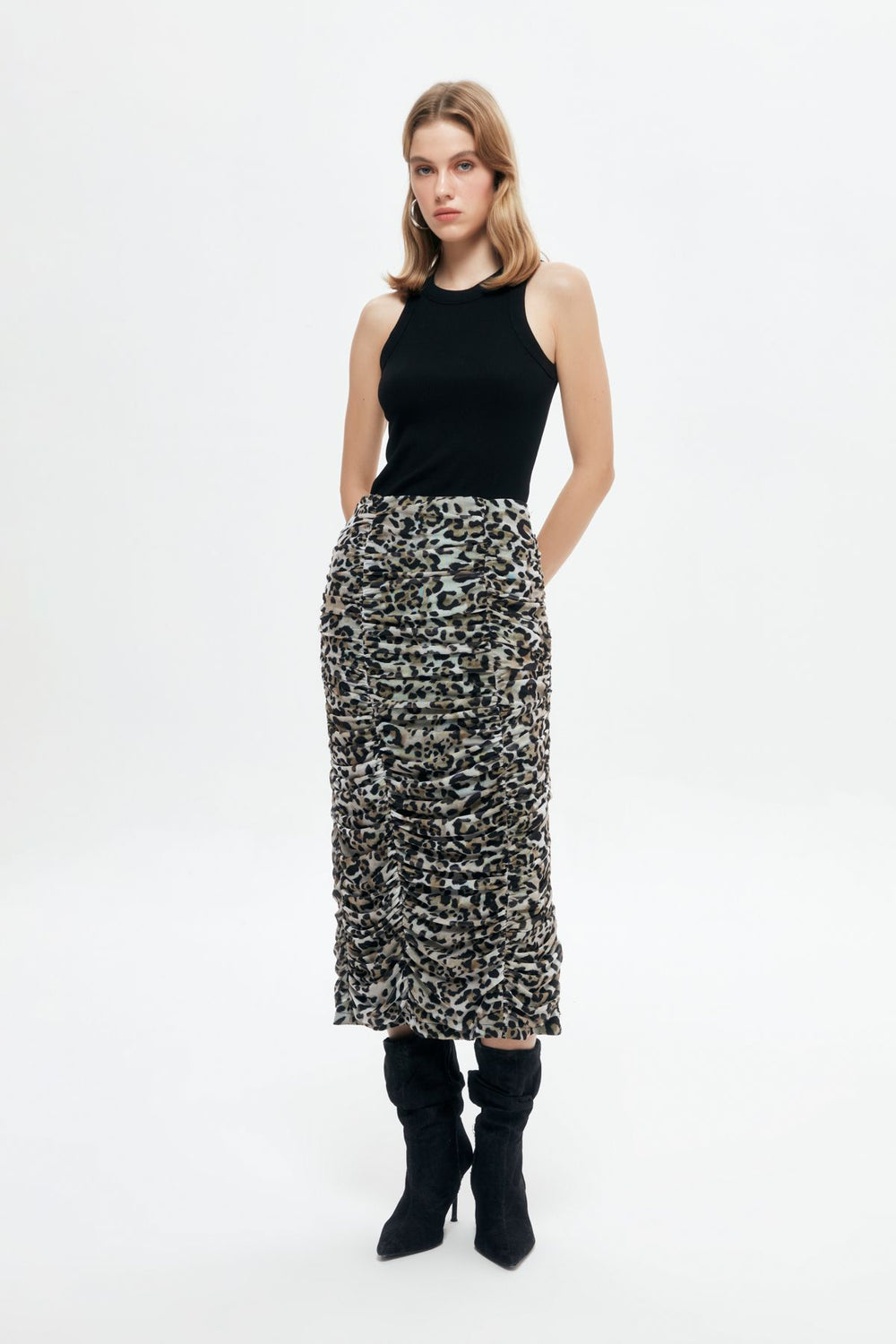 Leopard Patterned Draped Midi Skirt Black