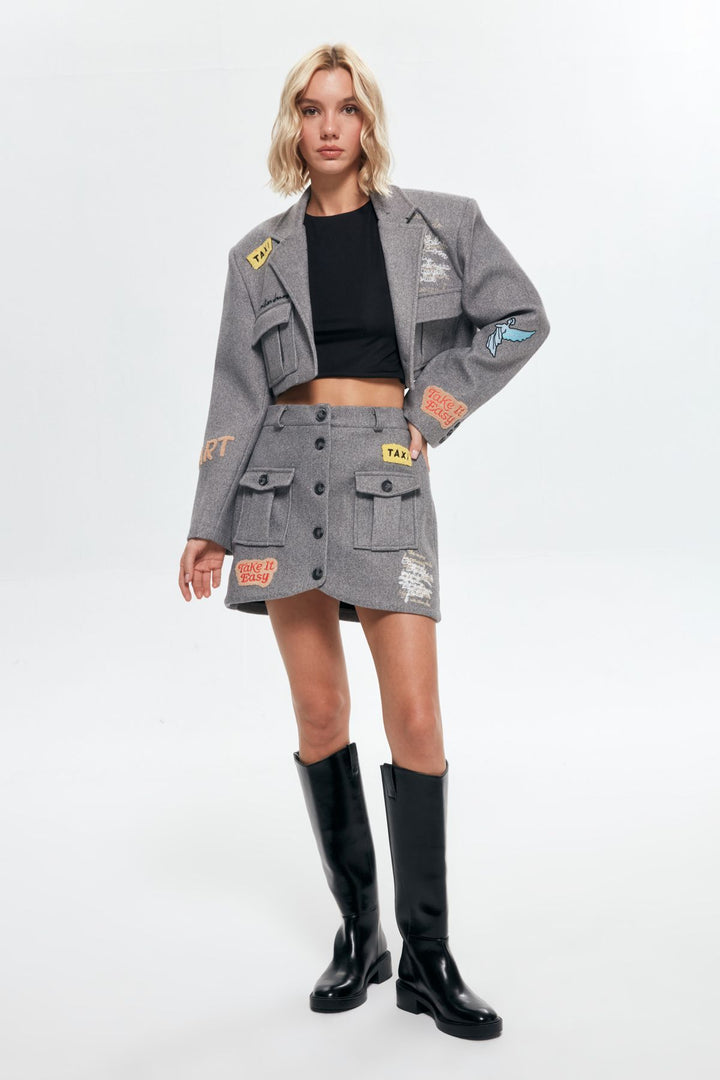 Düğme Detaylı Nakışlıı Kaşe Mini Etek Antrasit