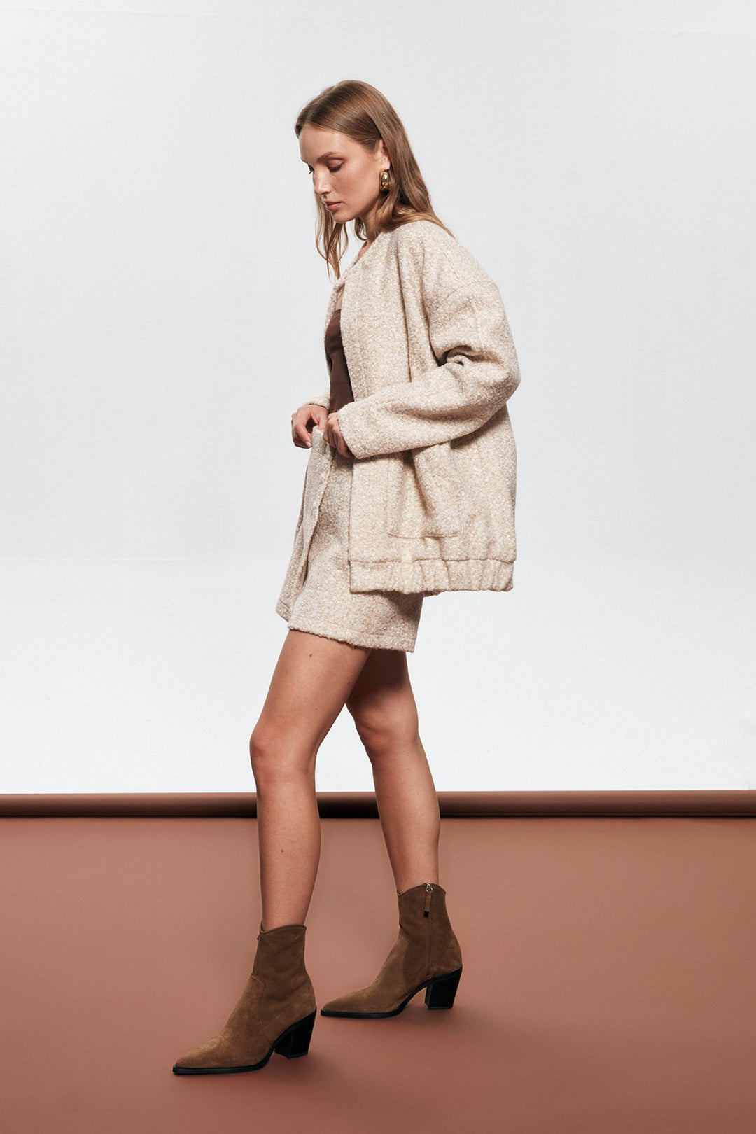 Oversize Kaşe Bomber Ceket Taş