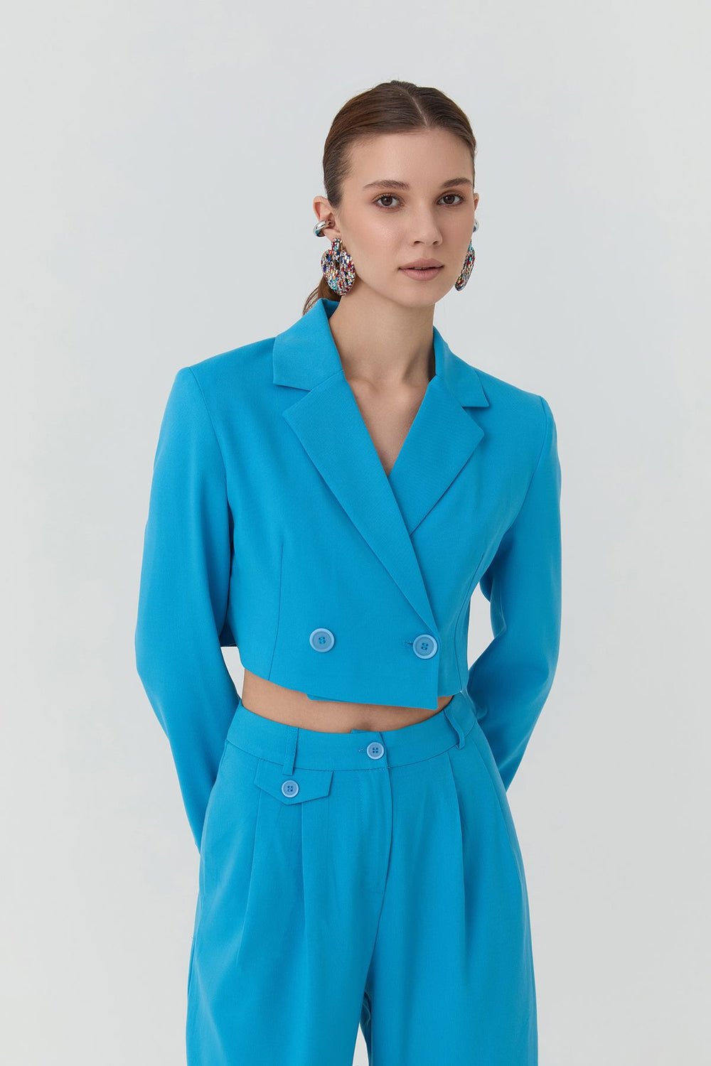 Vatka Detaylı Crop Blazer Ceket Mavi