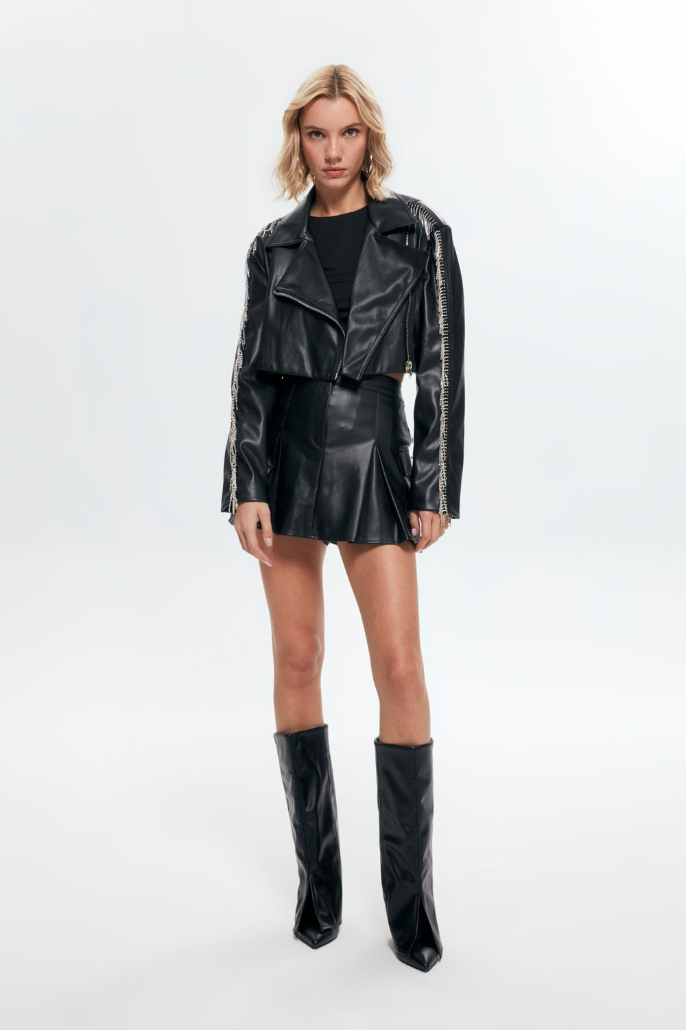 Crop Leather Jacket with Stone Accessories Black