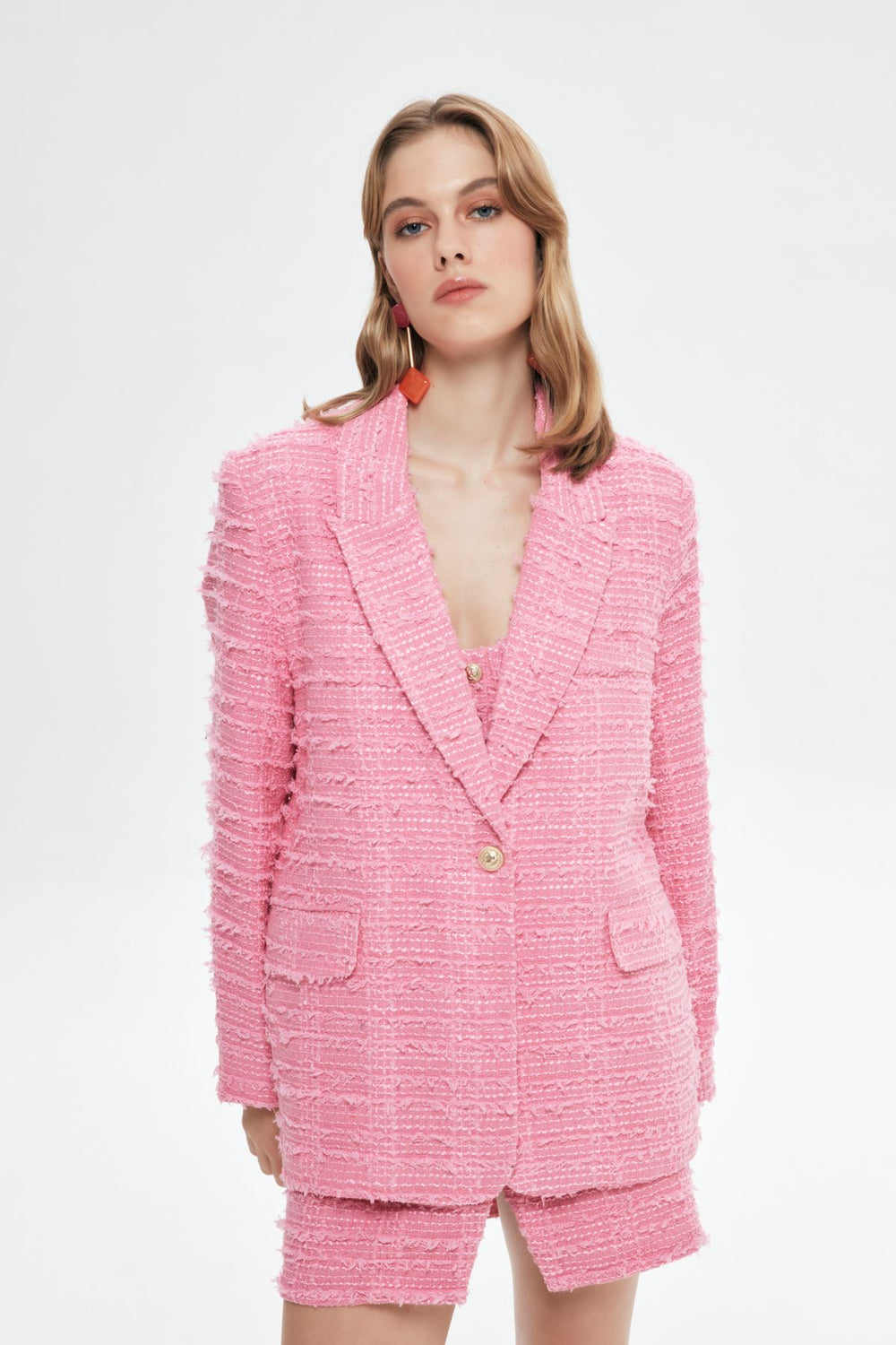 Single Button Tweed Blazer Jacket Pink