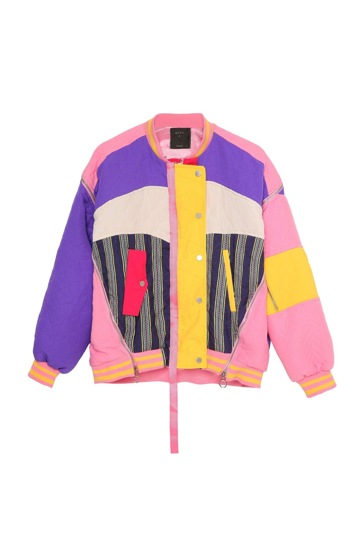 Button Detailed Colorful Bomber Jacket Pink