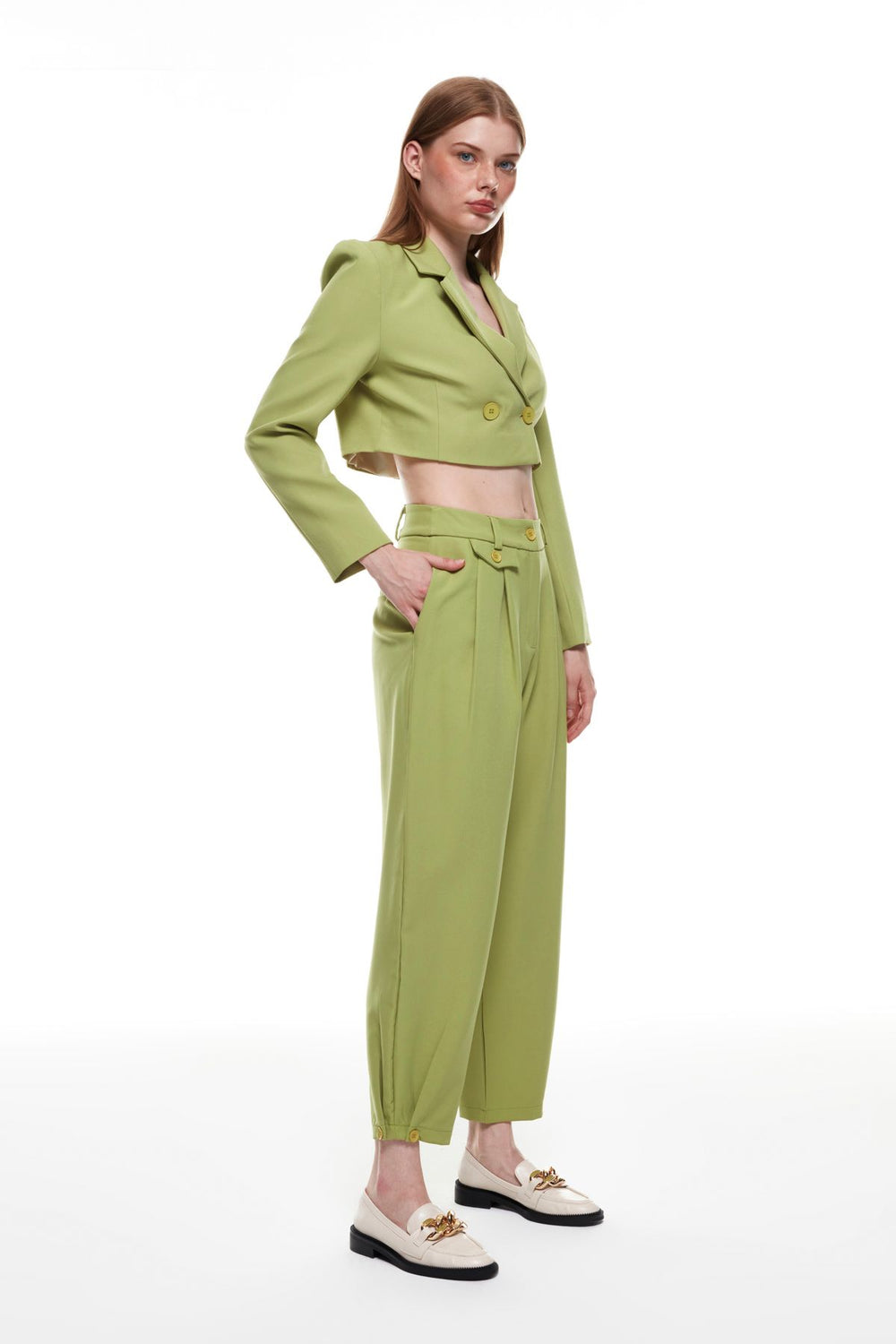 High Waist Trousers with Button Detail Olive