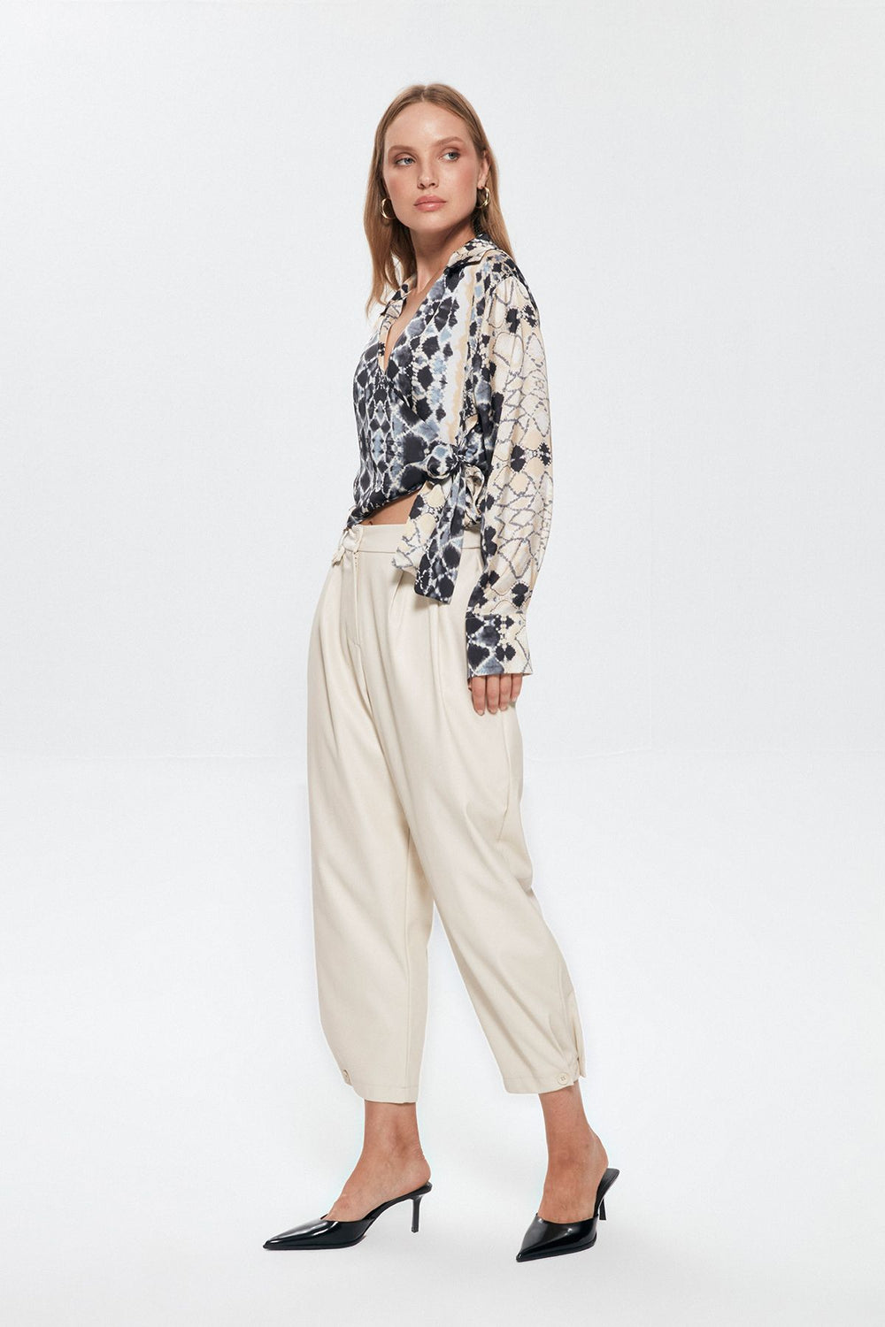 High Waist Leather Trousers with Button Detail Stone