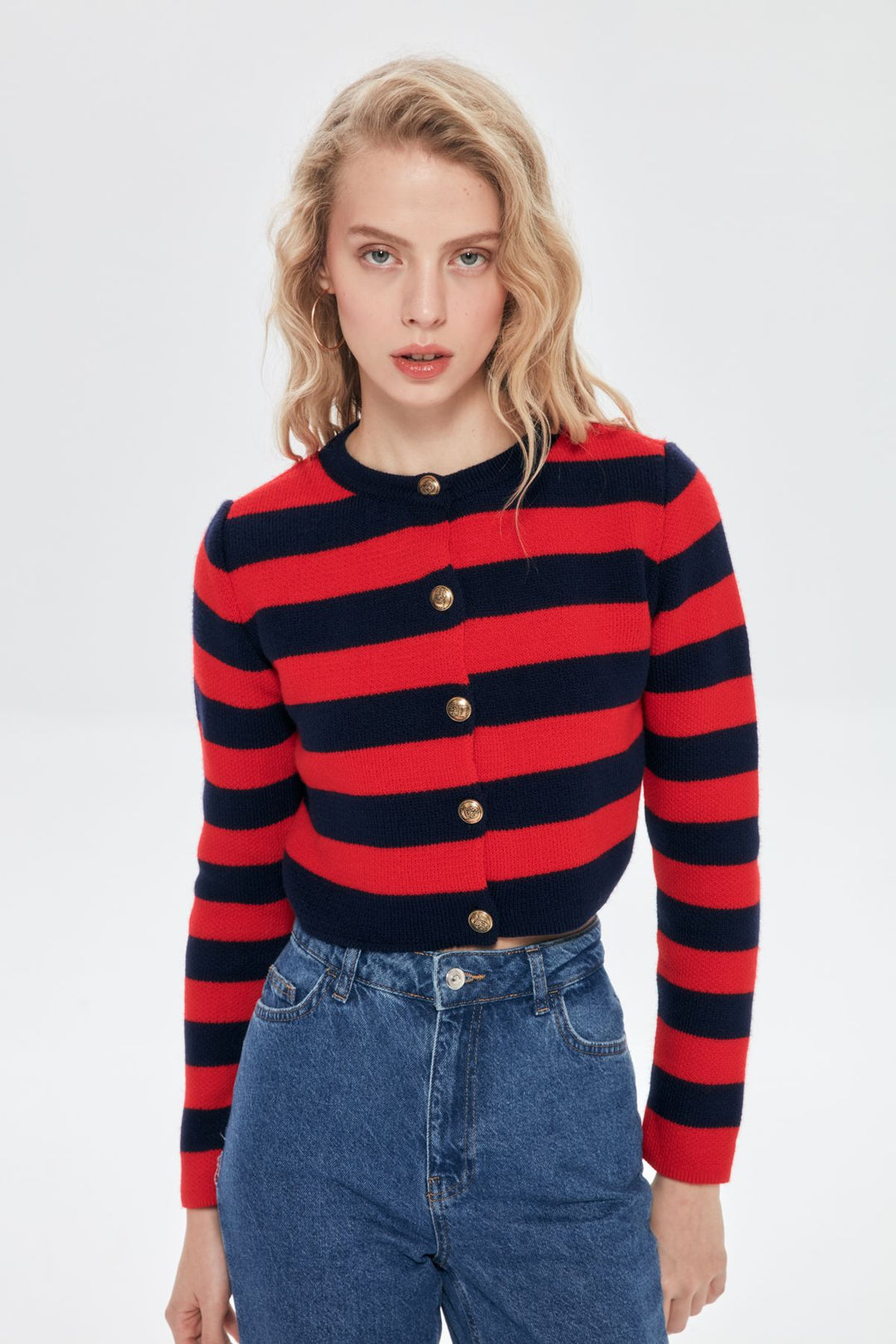 Çizgili Düğme Detaylı Crop Hırka Laci-Kırmızı