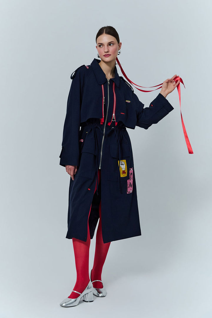 Nakış Detaylı Fermuarlı Uzun Treçkot Lacivert