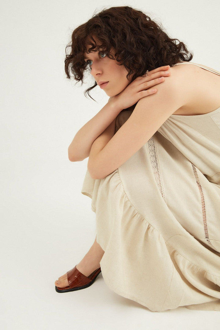 Strapless Linen Dress With Pleated Waist Natural