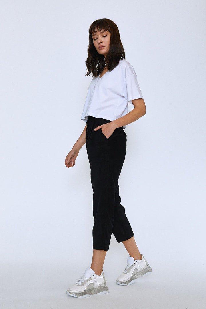 Elastic Waist Velvet Trousers Black