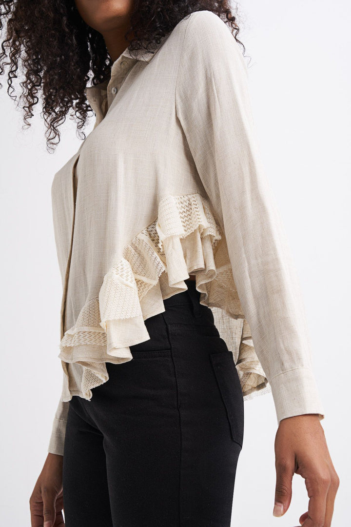 Back Embroidered Ruffle Linen Shirt Natural