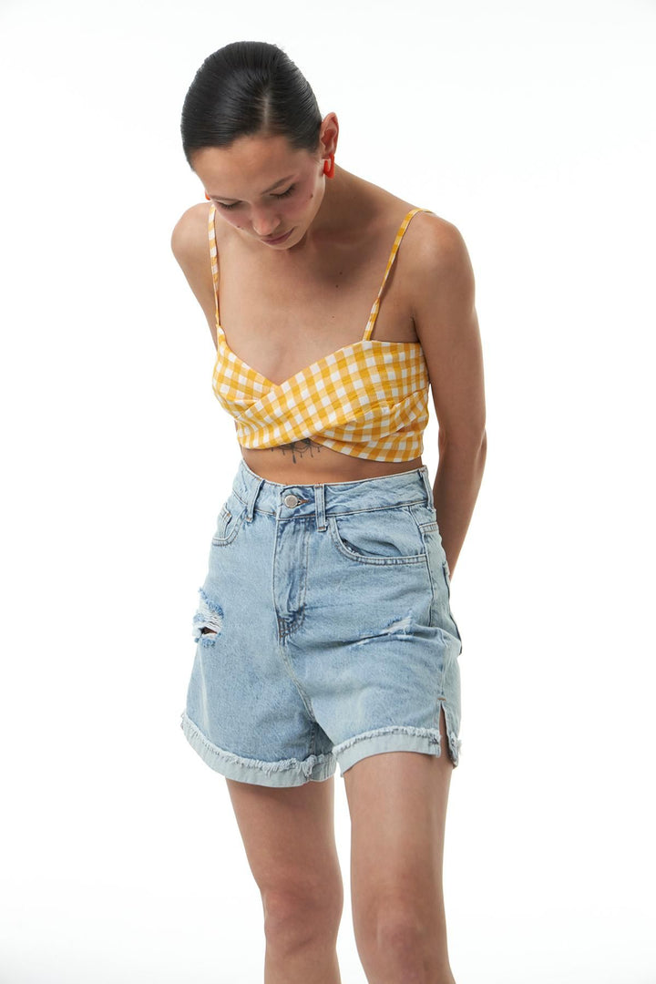 Plaid Knot Detailed Crop Blouse Orange