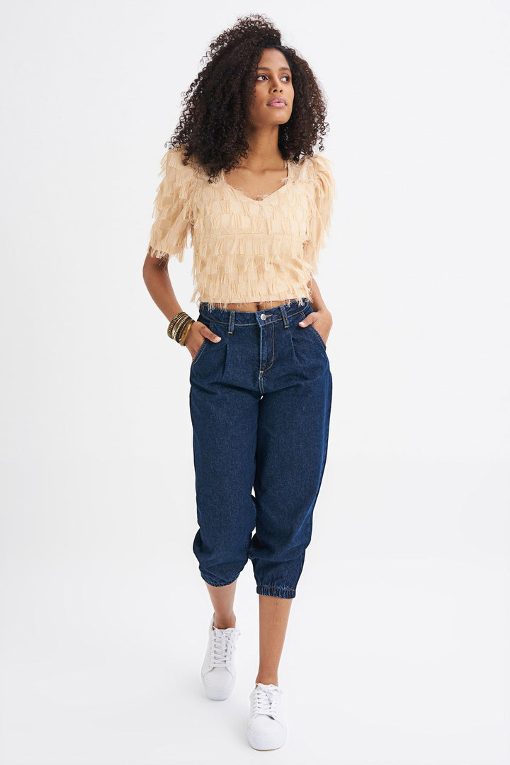 Tasseled Balloon Sleeve Blouse Beige