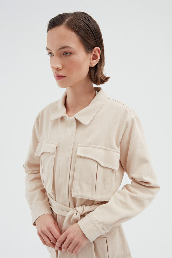 Kemerli Cepli Uzun Ceket Taş