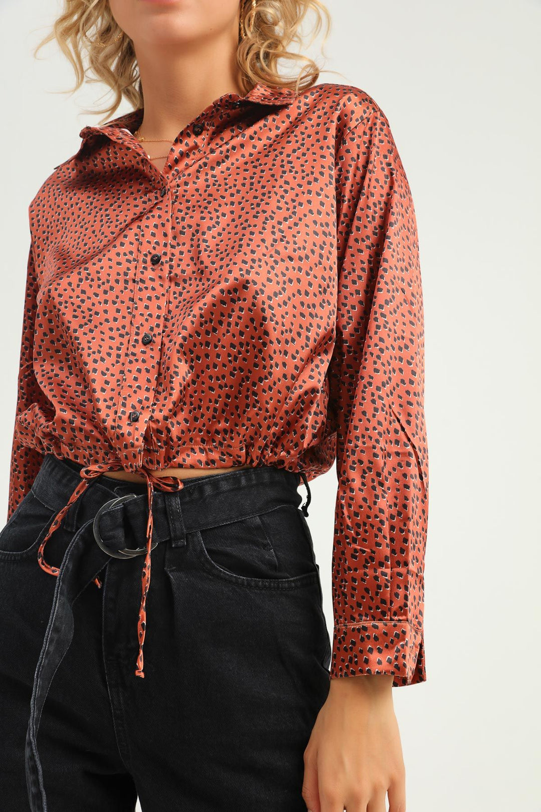 Desenli Saten Gömlek Kiremit