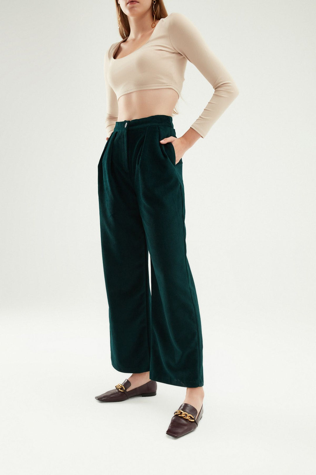 Pleated Velvet Trousers Dark Green