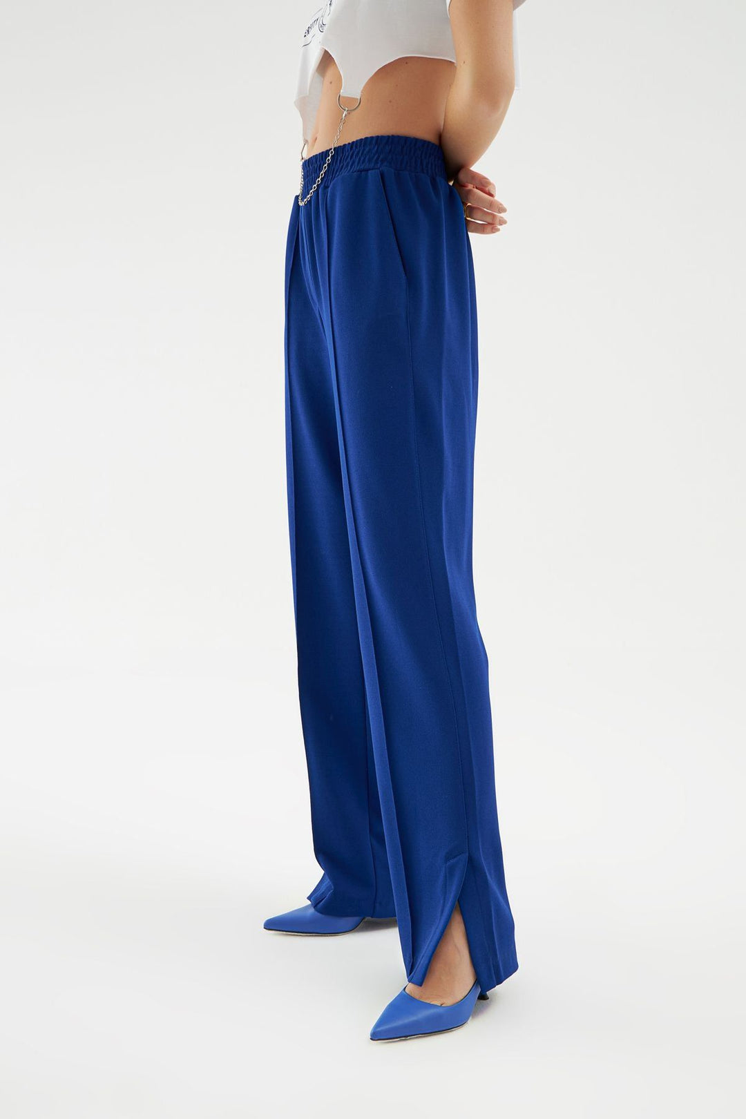 Slit Elastic Waist Trousers Sax