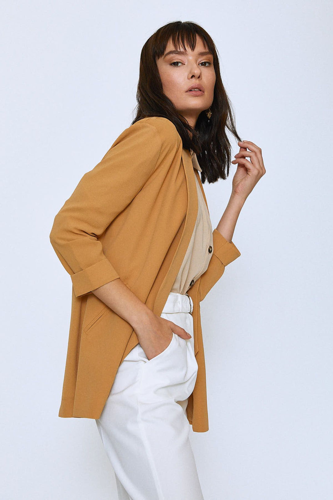 Şal Yaka Fileto Cepli Ceket Camel