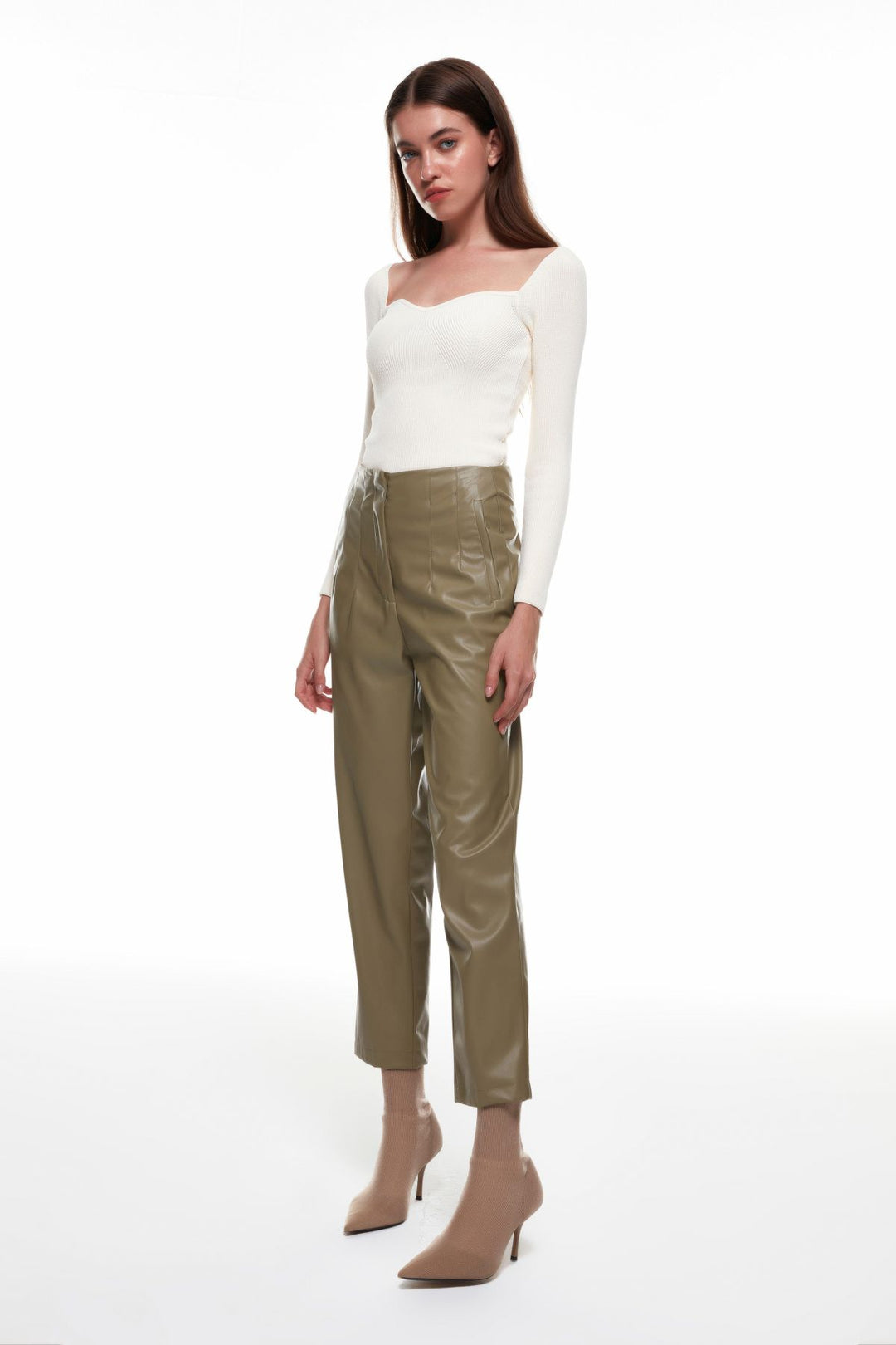 Pens Detaylı Deri Pantolon Koyu Haki