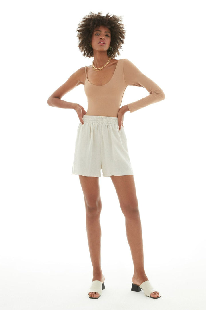 Asymmetrical Sleeve Bodysuit Camel