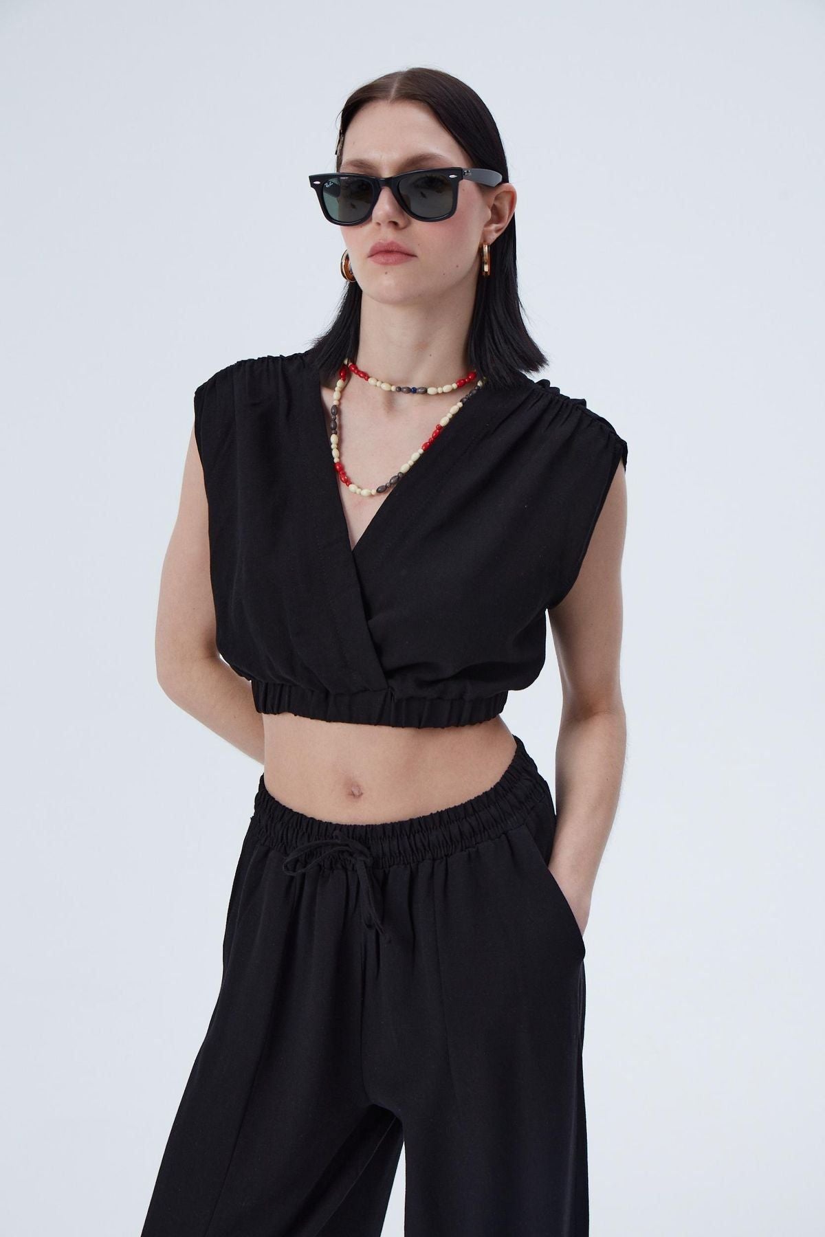 Pleated Off-the-Shoulder Crop Blouse Black