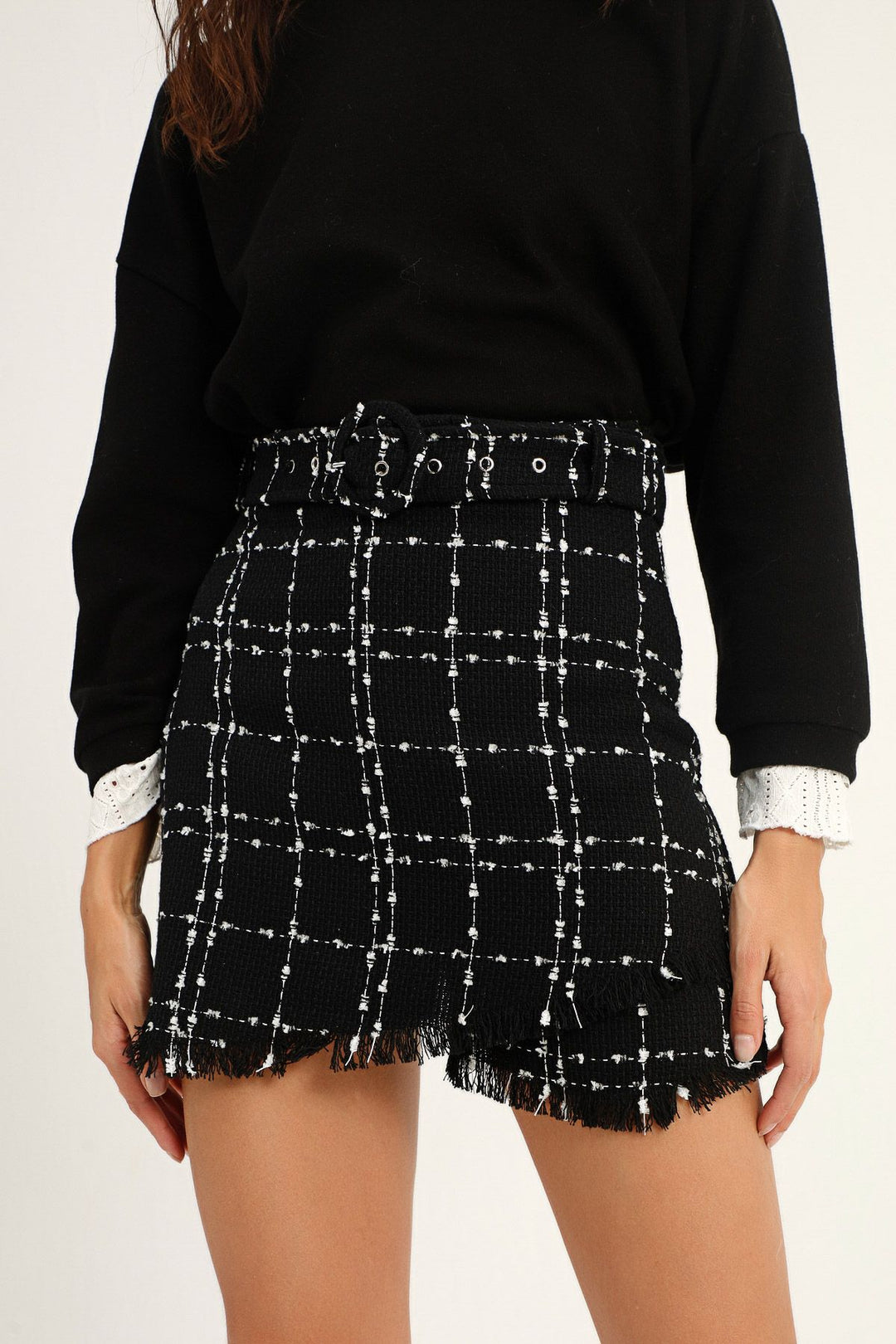Striped Belt Tweed Shorts Skirt Black