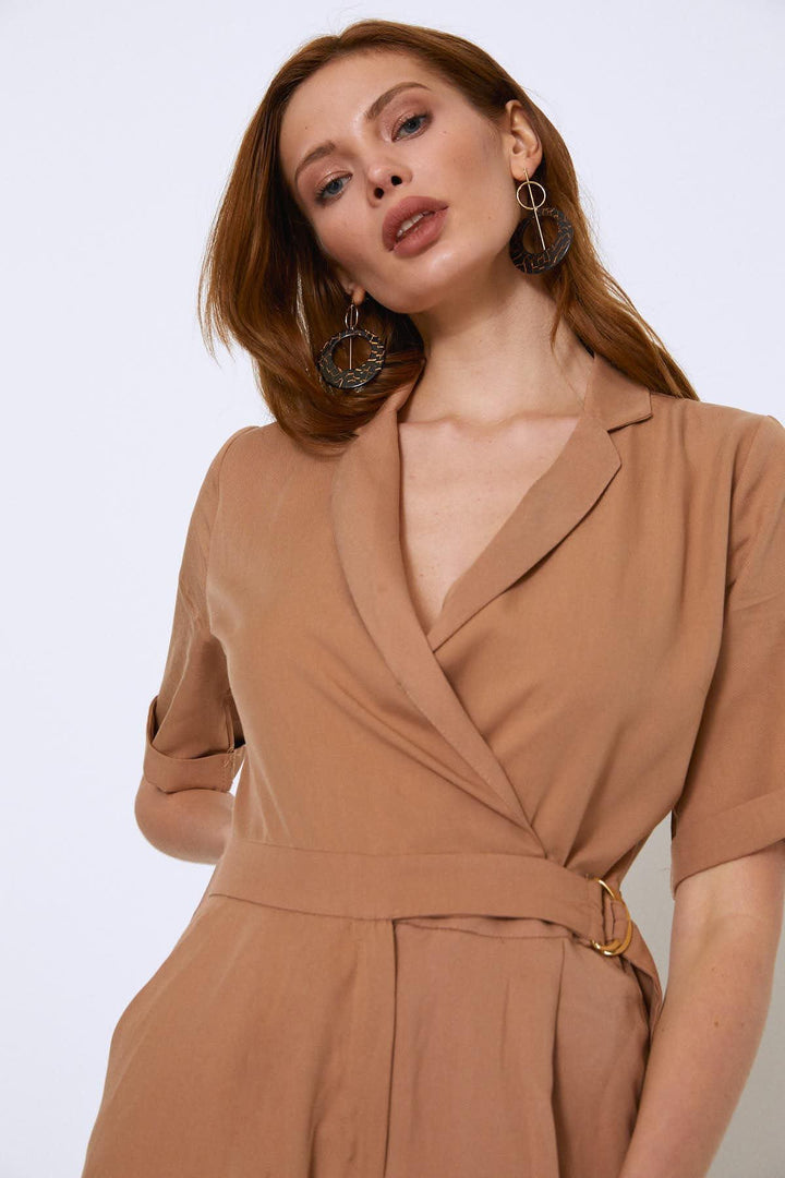 Yandan Bağlamalı V yaka Tulum Bej