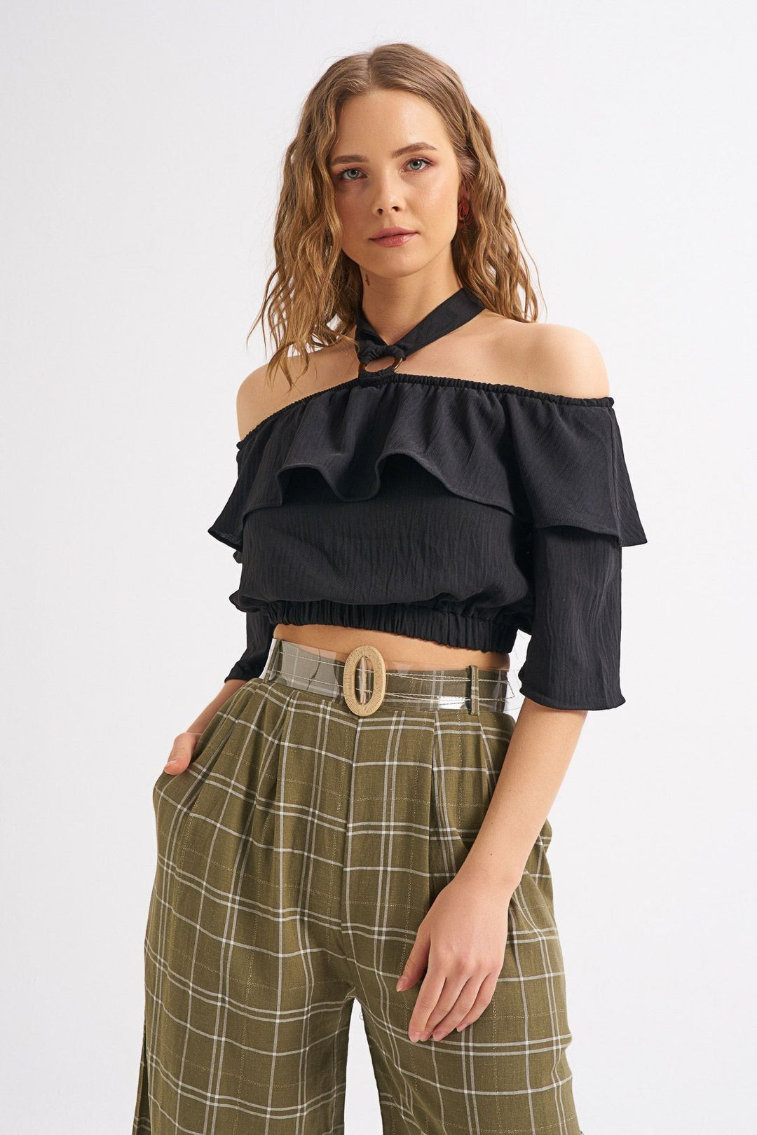 Halter Neck Detailed Flounce Blouse Black