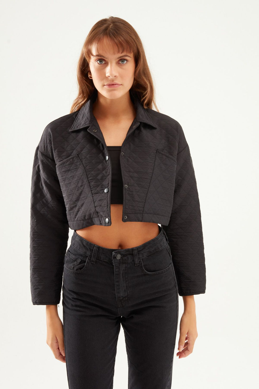 Kapitone Crop Ceket Siyah