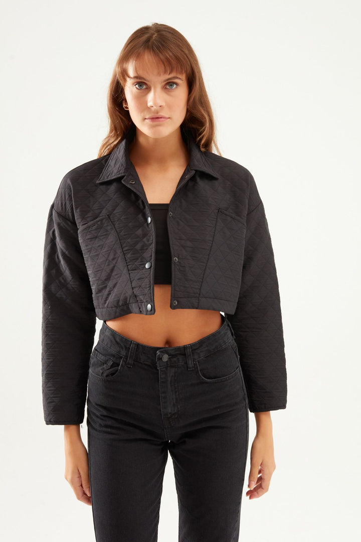 Kapitone Crop Ceket Siyah