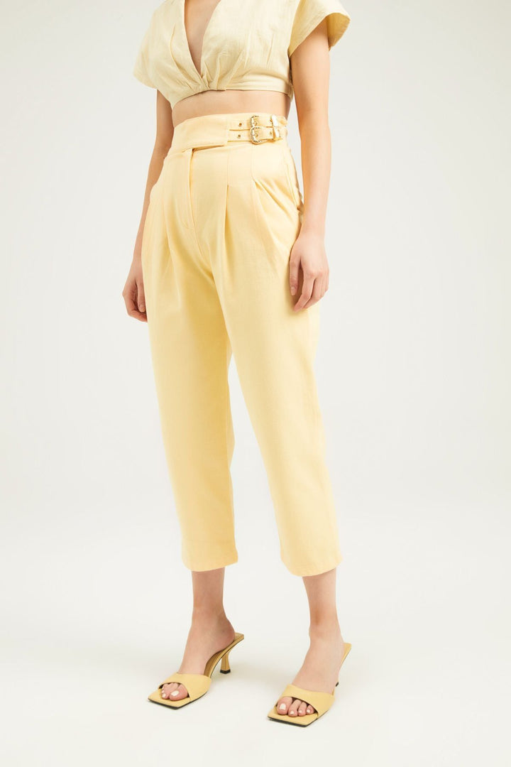 Tokalı Gabardin Yüksek Bel Pantolon Sarı