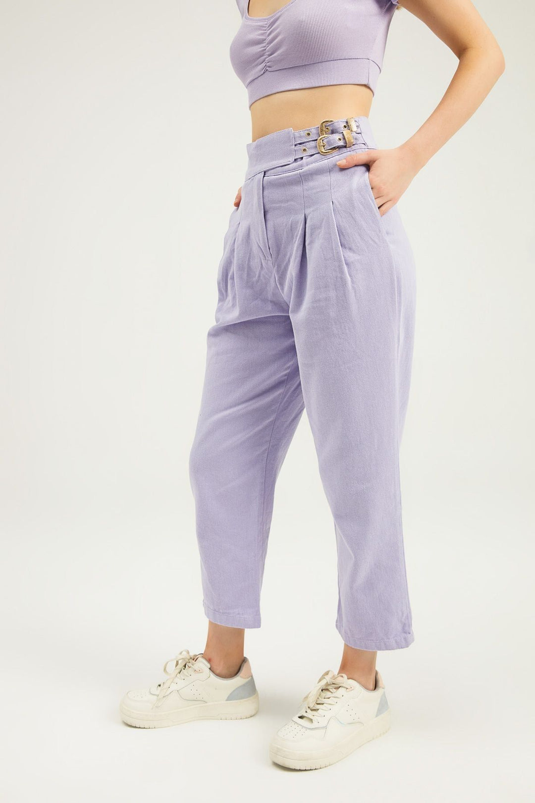 Tokalı Gabardin Yüksek Bel Pantolon Lila