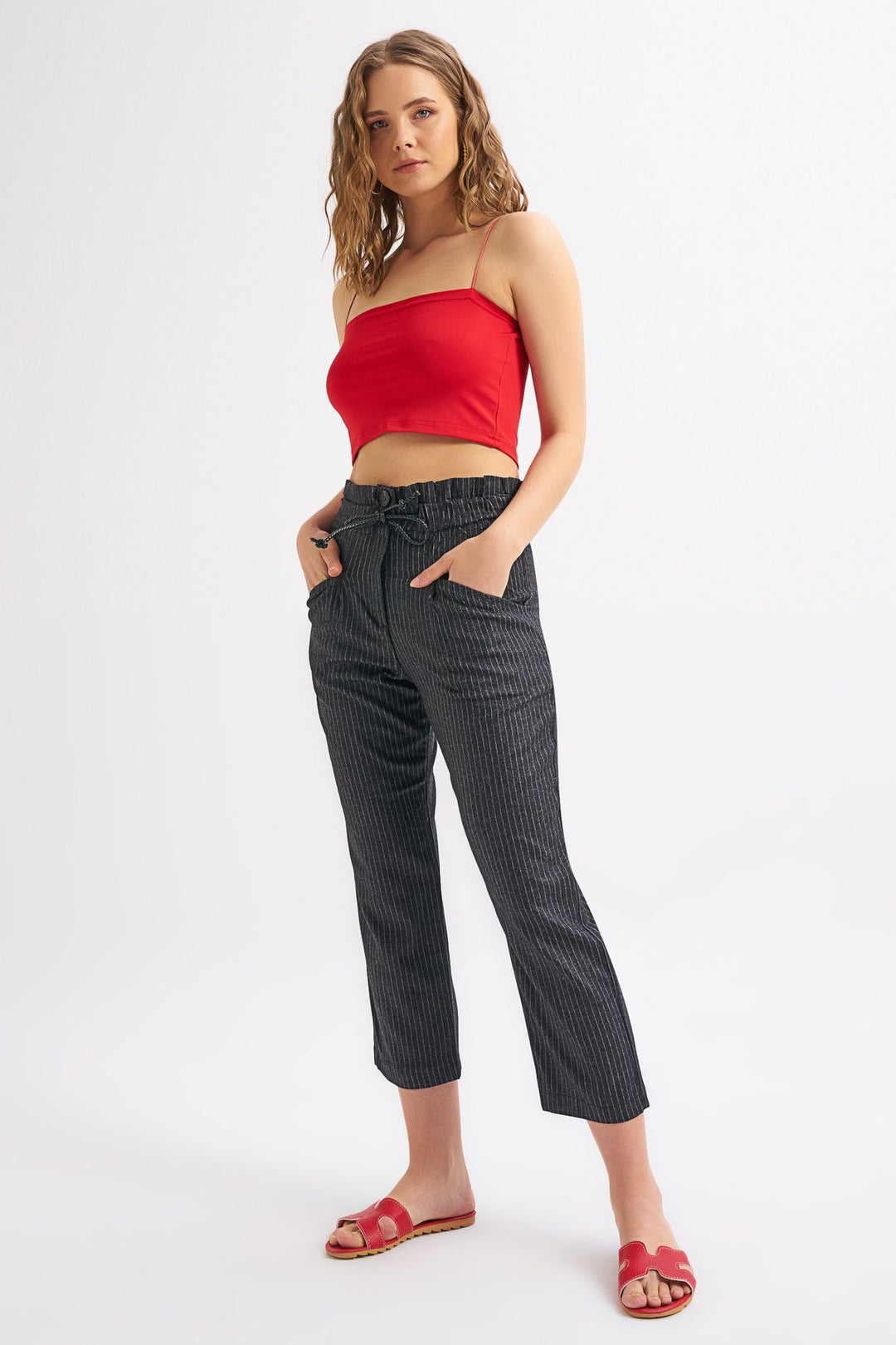 Tie Waist Striped Trousers Anthracite