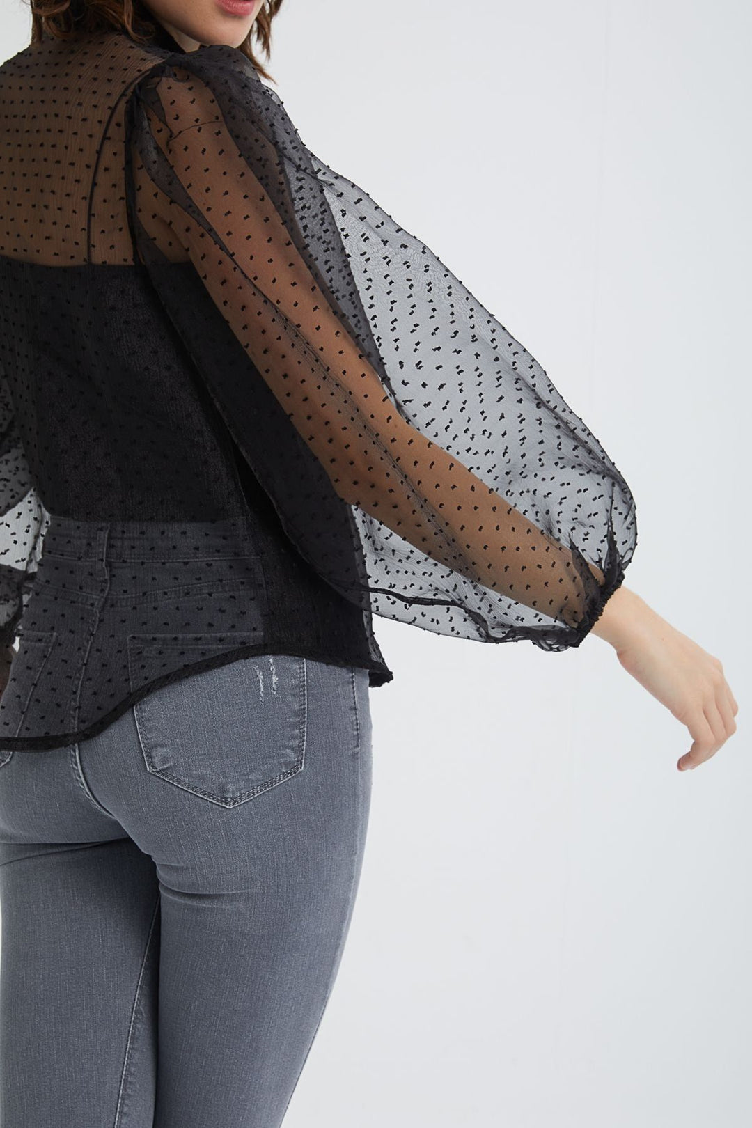 Embossed Sleeves Pleated Tulle Shirt Black