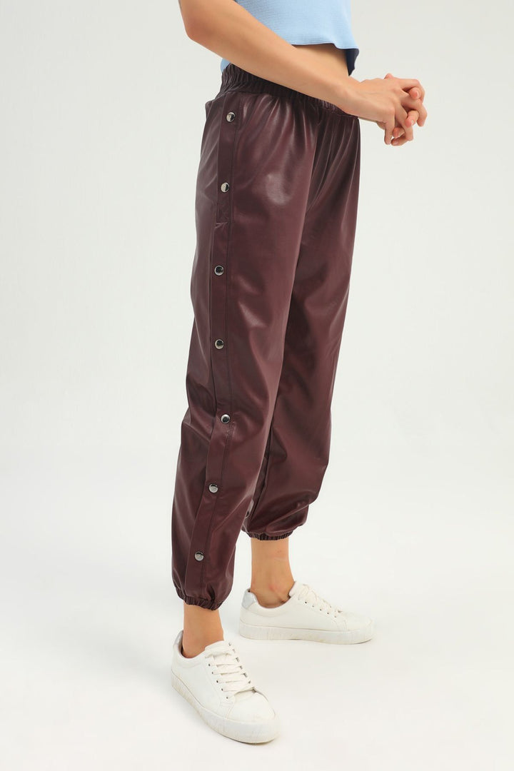 Yanı Çıtçıtlı Deri Jogger Pantolon Bordo