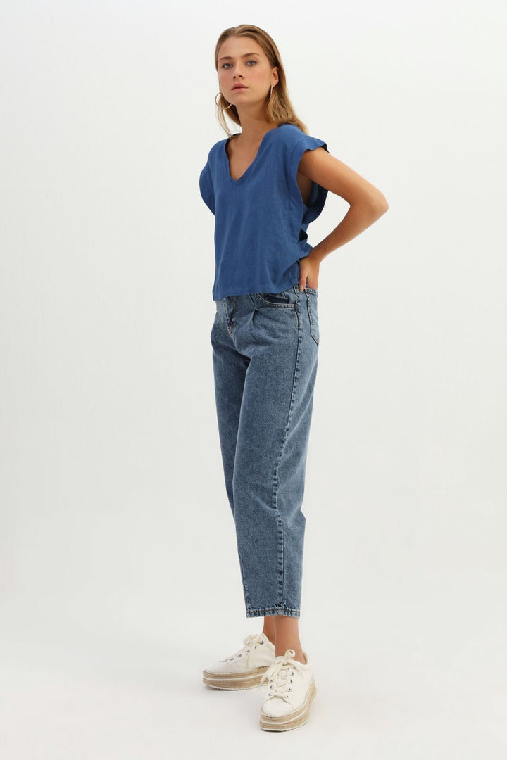 V Yaka Keten Bluz İndigo