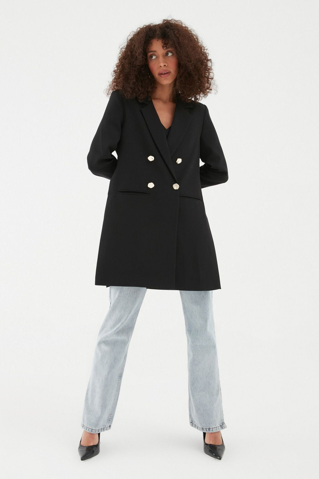 Yanı Yırtmaçlı Uzun Blazer Ceket Siyah