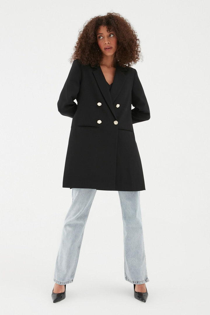 Yanı Yırtmaçlı Uzun Blazer Ceket Siyah