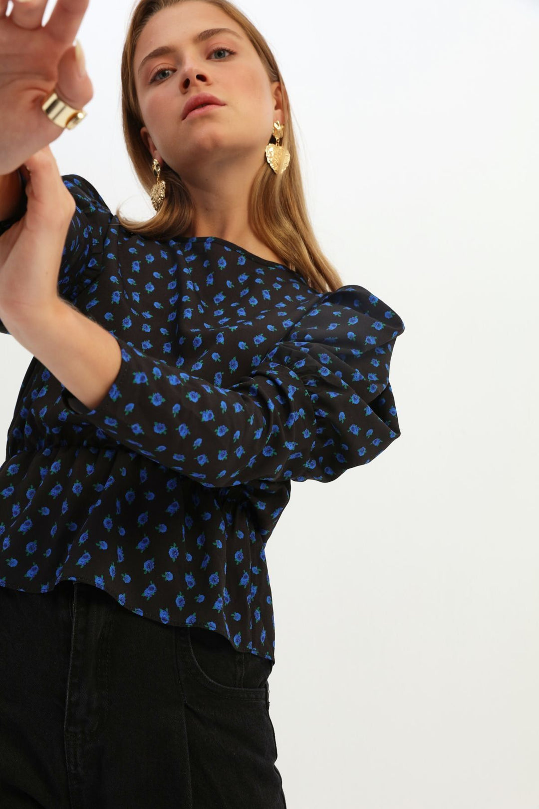 Patterned Pleated Waist Blouse Sax