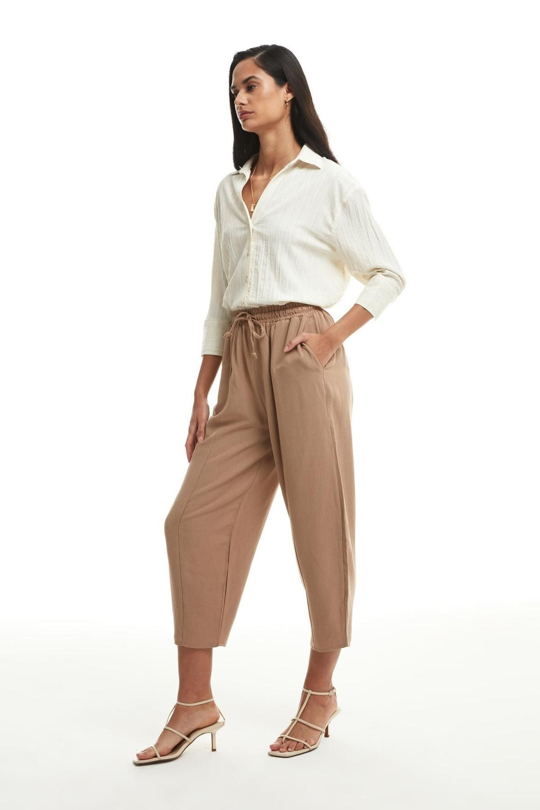 Beli Lastikli Keten Pantolon Vizon