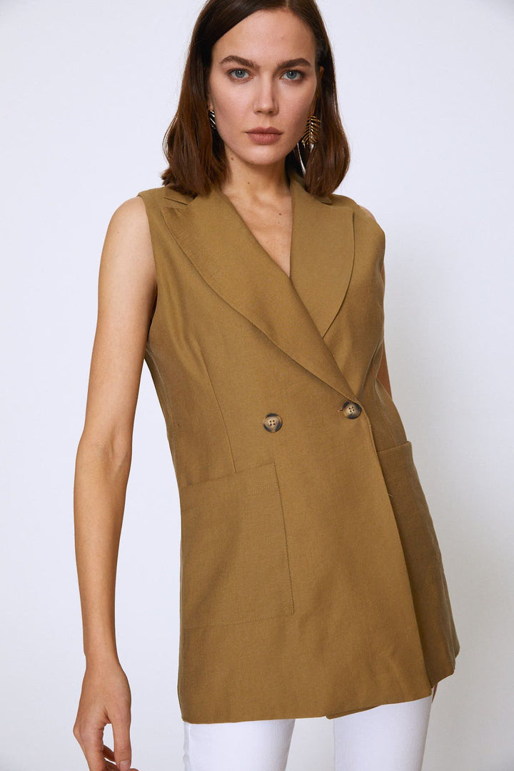 Double Breasted Pocket Sleeveless Jacket Khaki
