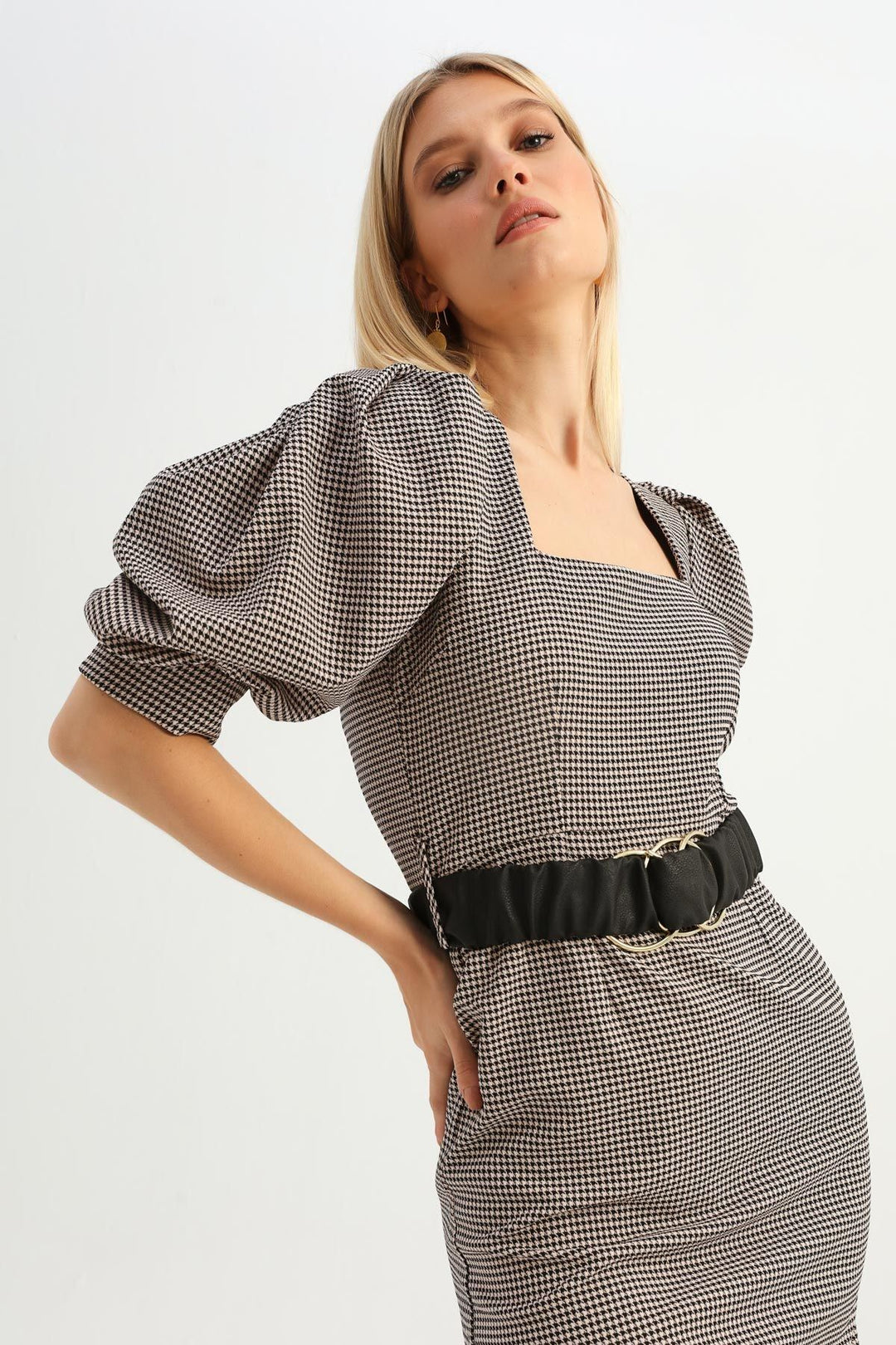 Striped Belt Balloon Sleeve Dress Powder