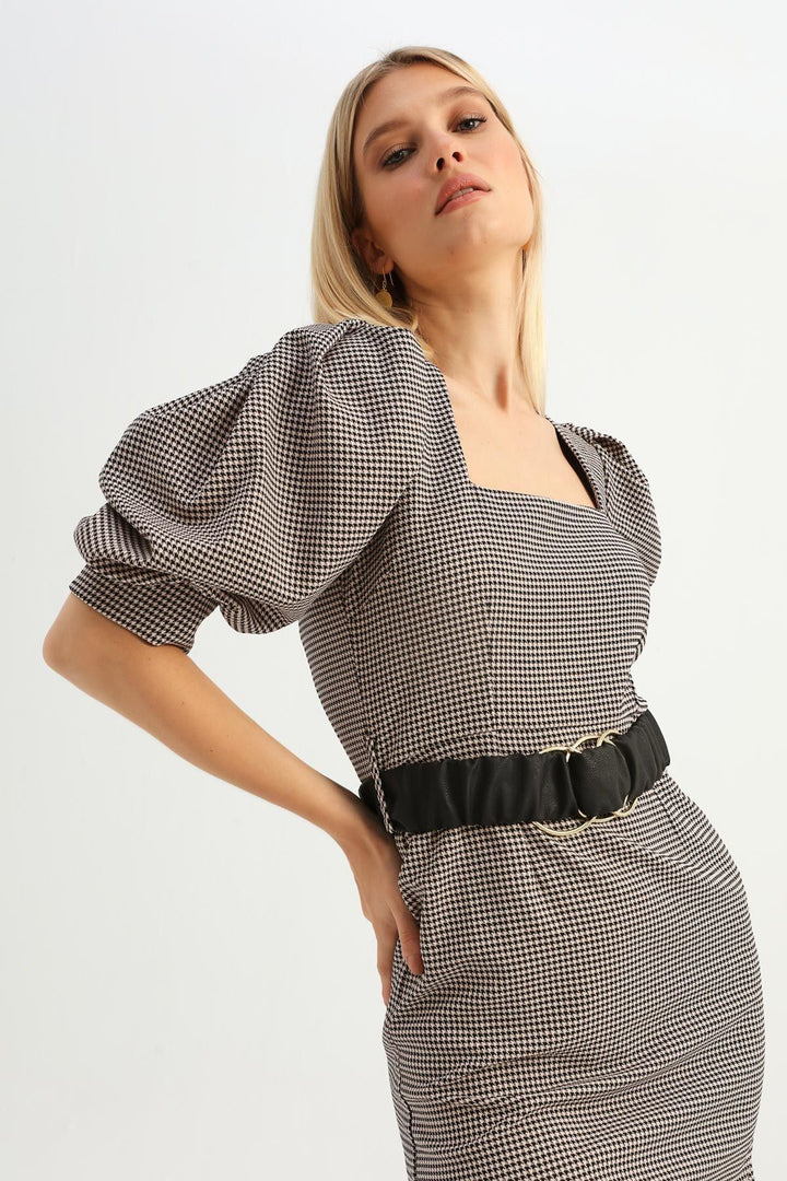 Striped Belt Balloon Sleeve Dress Powder