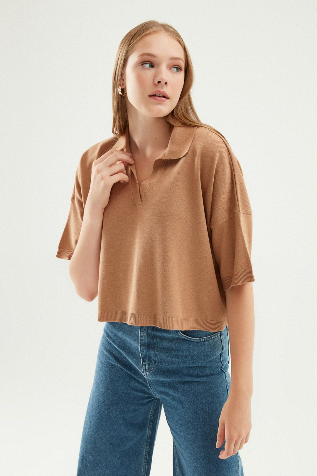 Oversize Polo Yaka Triko Camel